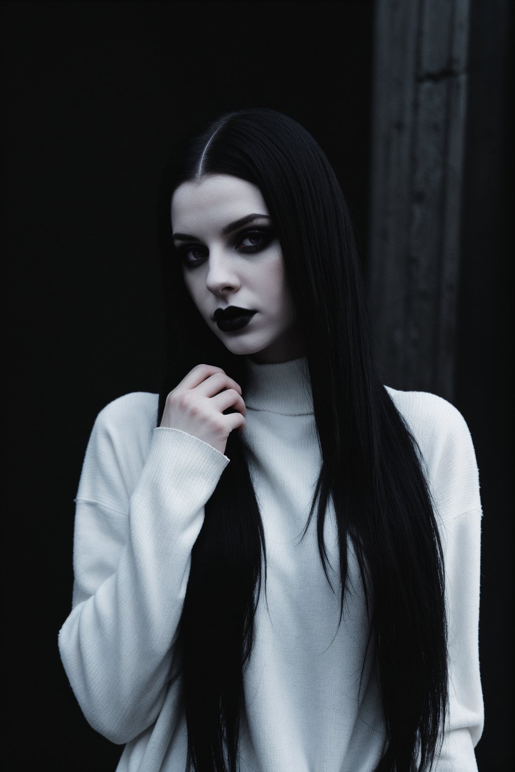 goth girl,  black lipstick,  ((long straight white and black mixed hair)) by SKLTNC on Tensor.Art