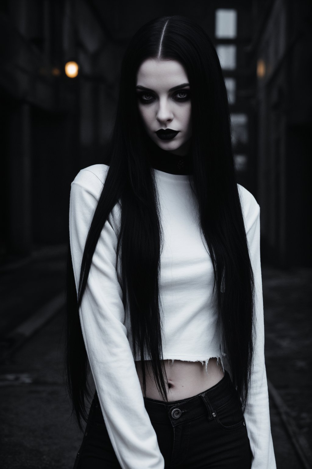 goth girl,  black lipstick,  ((long straight white and black mixed hair)) by SKLTNC on Tensor.Art