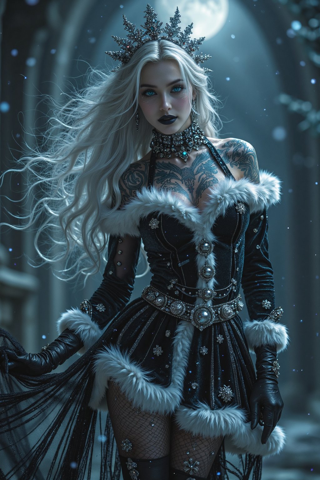 A hauntingly beautiful goth woman stands before a dark,  misty backdrop,  her piercing blue eyes gleaming like moonlit ice...