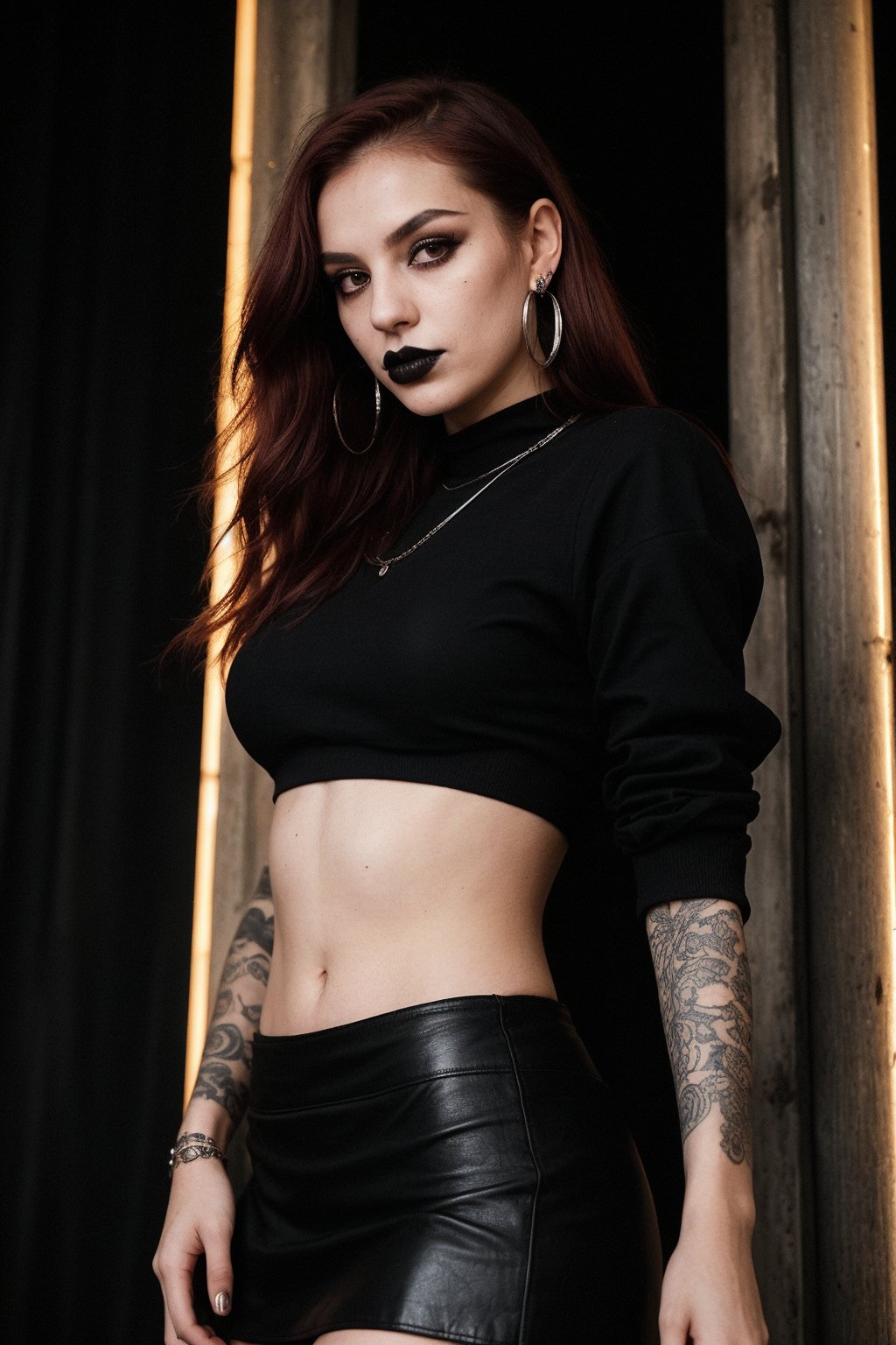 A goth 20-year-old woman stands confidently in the dimly lit,  old wooden house,  her dark-red hair illuminated only by th...