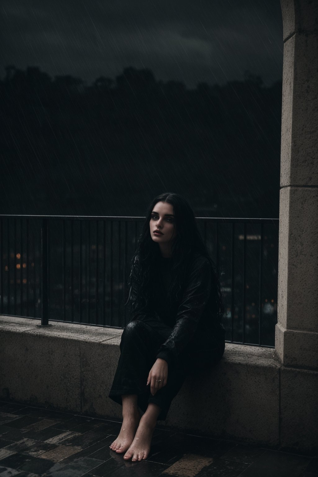 A melancholic Gothic woman sits poised on a balcony, gazing away from the viewer as rain drizzles down. Her piercing eyes are framed by a sweep of long, wavy black hair, which cascades down her back like a dark waterfall. A bold, black lipstick defines her features, while a black sweatshirt and jeans pants create a striking contrast with the wet, urban surroundings. Bare feet splay out beneath her, as if embracing the dampness. The 35mm camera captures every intricate detail in stunning high definition (8k), bathing the scene in atmospheric lighting that emphasizes the moody, epic atmosphere. Proportional composition and rich textures create a visually stunning image that exudes a sense of longing.