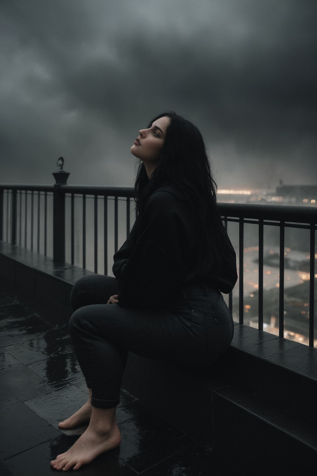 A melancholic Gothic woman sits poised on a balcony, gazing away from the viewer as rain drizzles down. Her piercing eyes are framed by a sweep of long, wavy black hair, which cascades down her back like a dark waterfall. A bold, black lipstick defines her features, while a black sweatshirt and jeans pants create a striking contrast with the wet, urban surroundings. Bare feet splay out beneath her, as if embracing the dampness. The 35mm camera captures every intricate detail in stunning high definition (8k), bathing the scene in atmospheric lighting that emphasizes the moody, epic atmosphere. Proportional composition and rich textures create a visually stunning image that exudes a sense of longing.