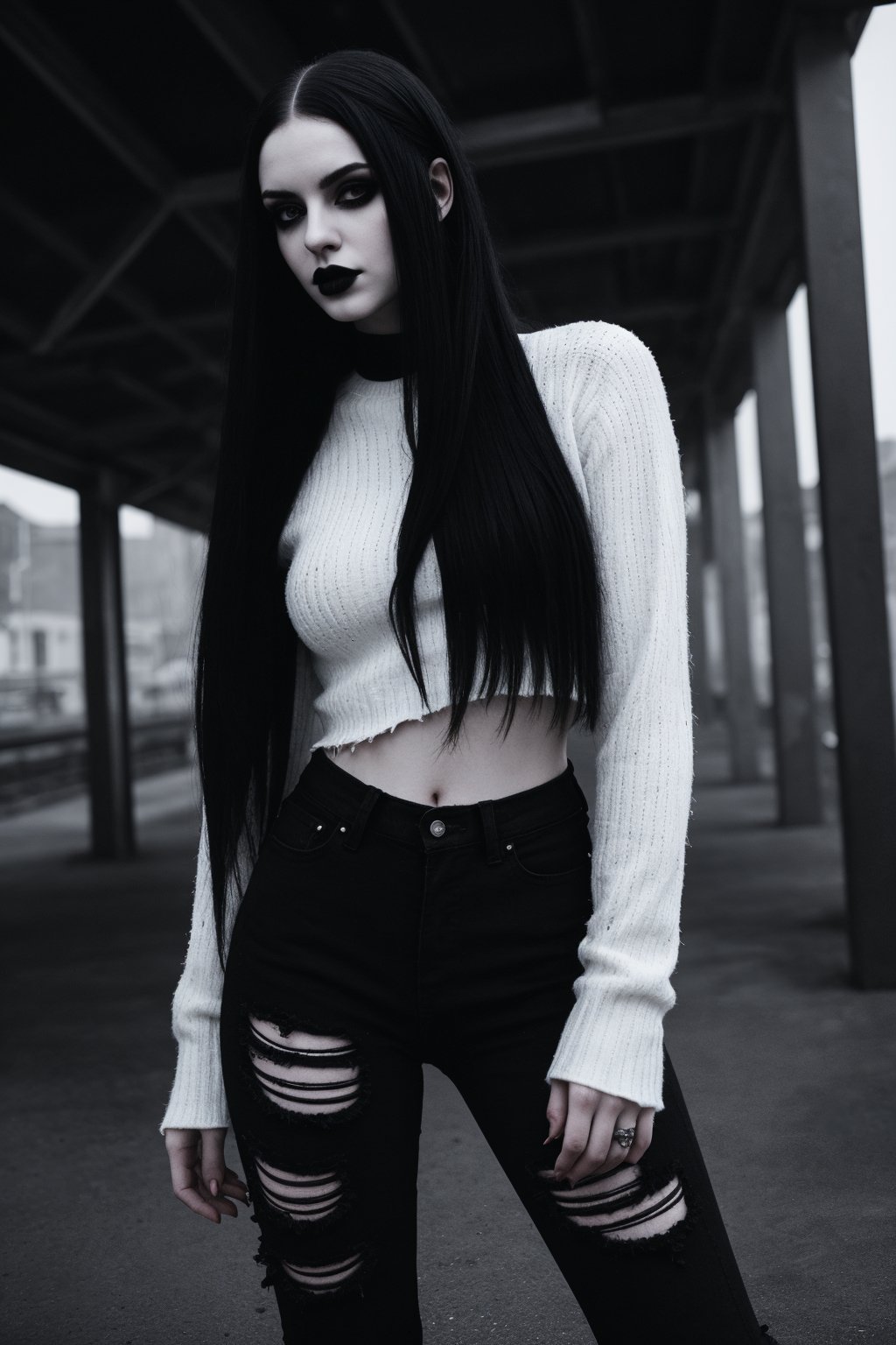 goth girl,  black lipstick,  ((long straight white and black hair)) by SKLTNC on Tensor.Art