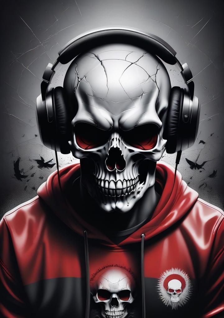 A detailed illustration a dead skull, wearing t-shirt, red swirl eyes, headbanger mood, gothic art, black & white colors, t-shirt design, cracked glass backgroud, t-shirt design, b&w, bokeh, Adobe Illustrator, hand-drawn, digital painting, high-poly, soft lighting, bird's-eye view, isometric style, retro aesthetic, focused on the character, 4K resolution, photorealistic rendering, using Cinema 4D, headphones