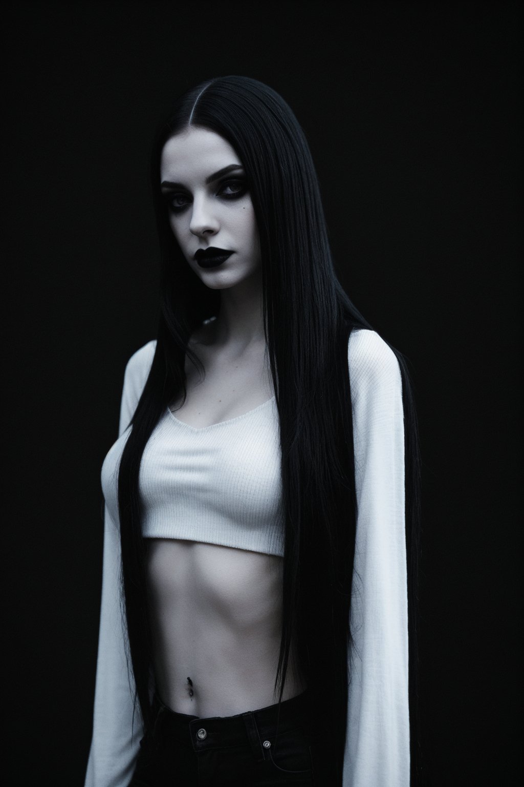 goth girl,  black lipstick,  ((white and black long straight hair)) by SKLTNC on Tensor.Art