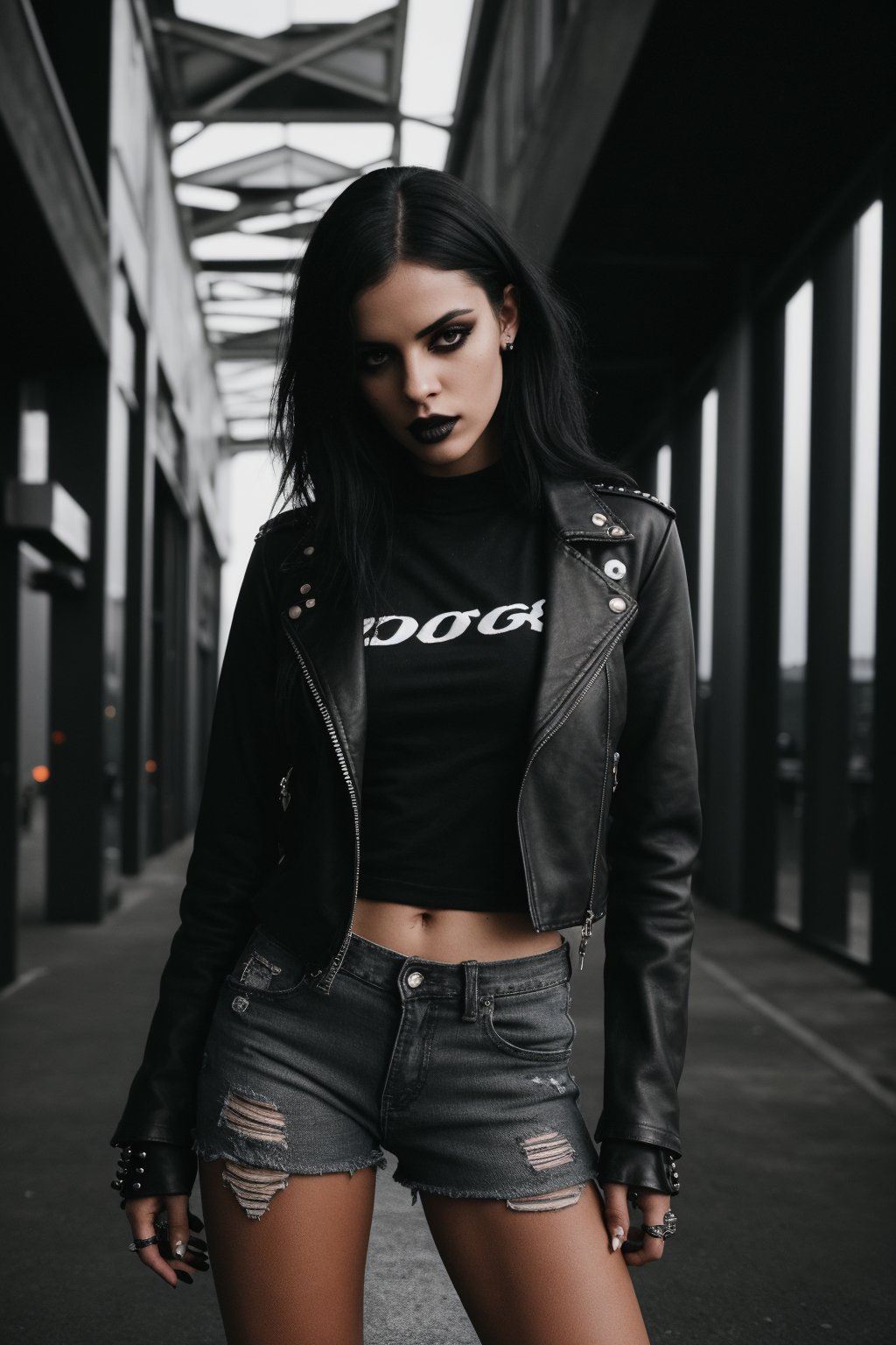 goth girl with tan-colored skin,  mid-length black hair,  black lipstick by SKLTNC on Tensor.Art