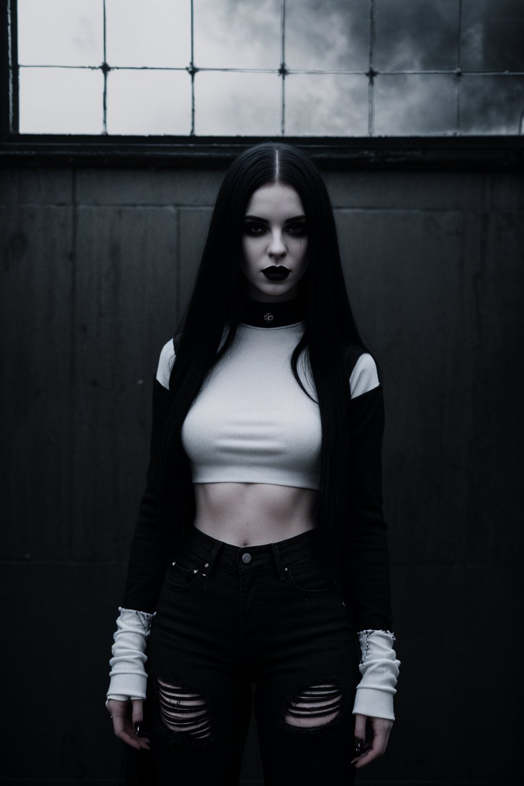 goth girl,  black lipstick,  ((long straight white and black hair)) by SKLTNC on Tensor.Art