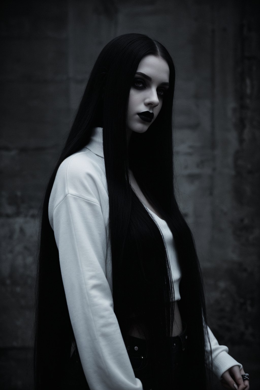 goth girl,  black lipstick,  ((white & black long straight hair)) by SKLTNC on Tensor.Art