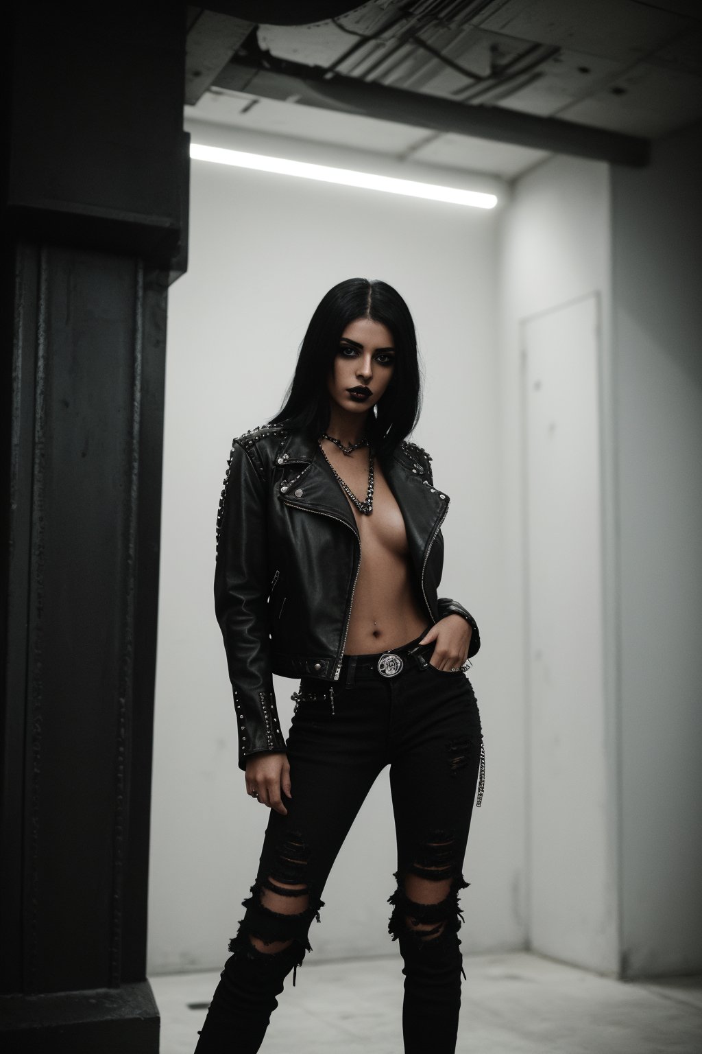 goth girl with tan-colored skin,  mid-length black hair,  black lipstick by SKLTNC on Tensor.Art