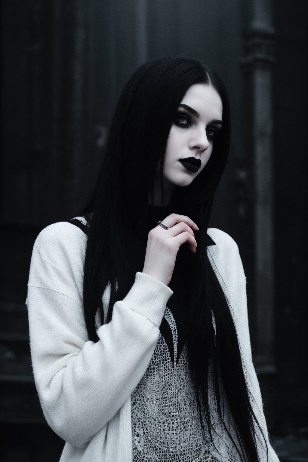 goth girl,  black lipstick,  ((long straight white and black hair)) by SKLTNC on Tensor.Art