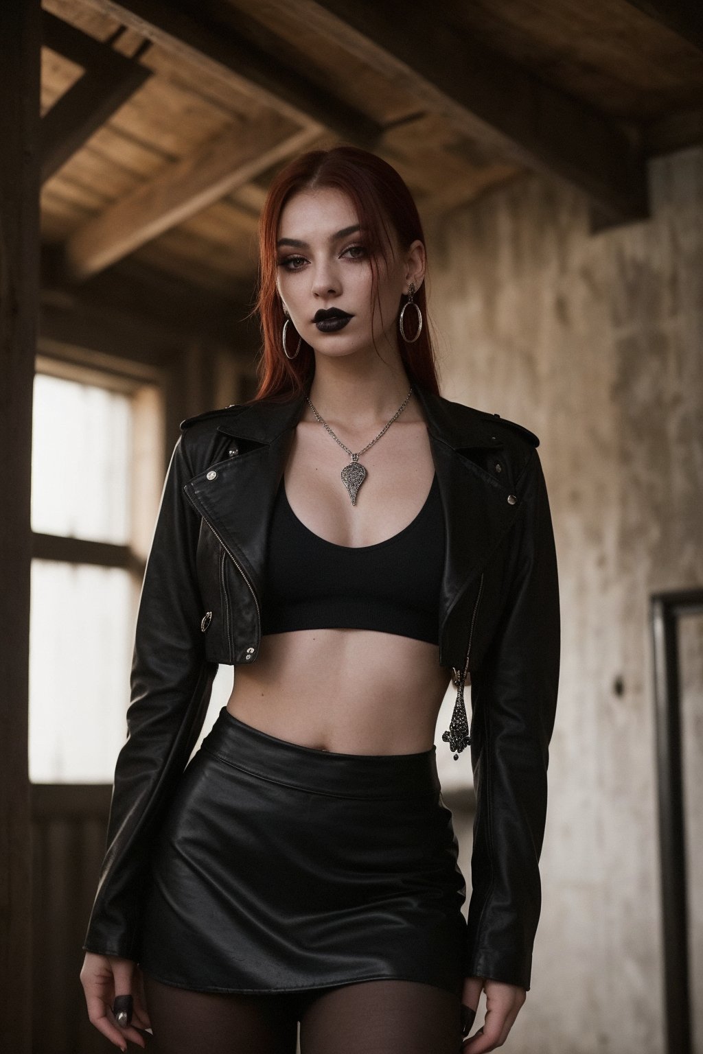 A goth 20-year-old woman stands confidently in the dimly lit,  old wooden house,  her dark-red hair illuminated only by th...