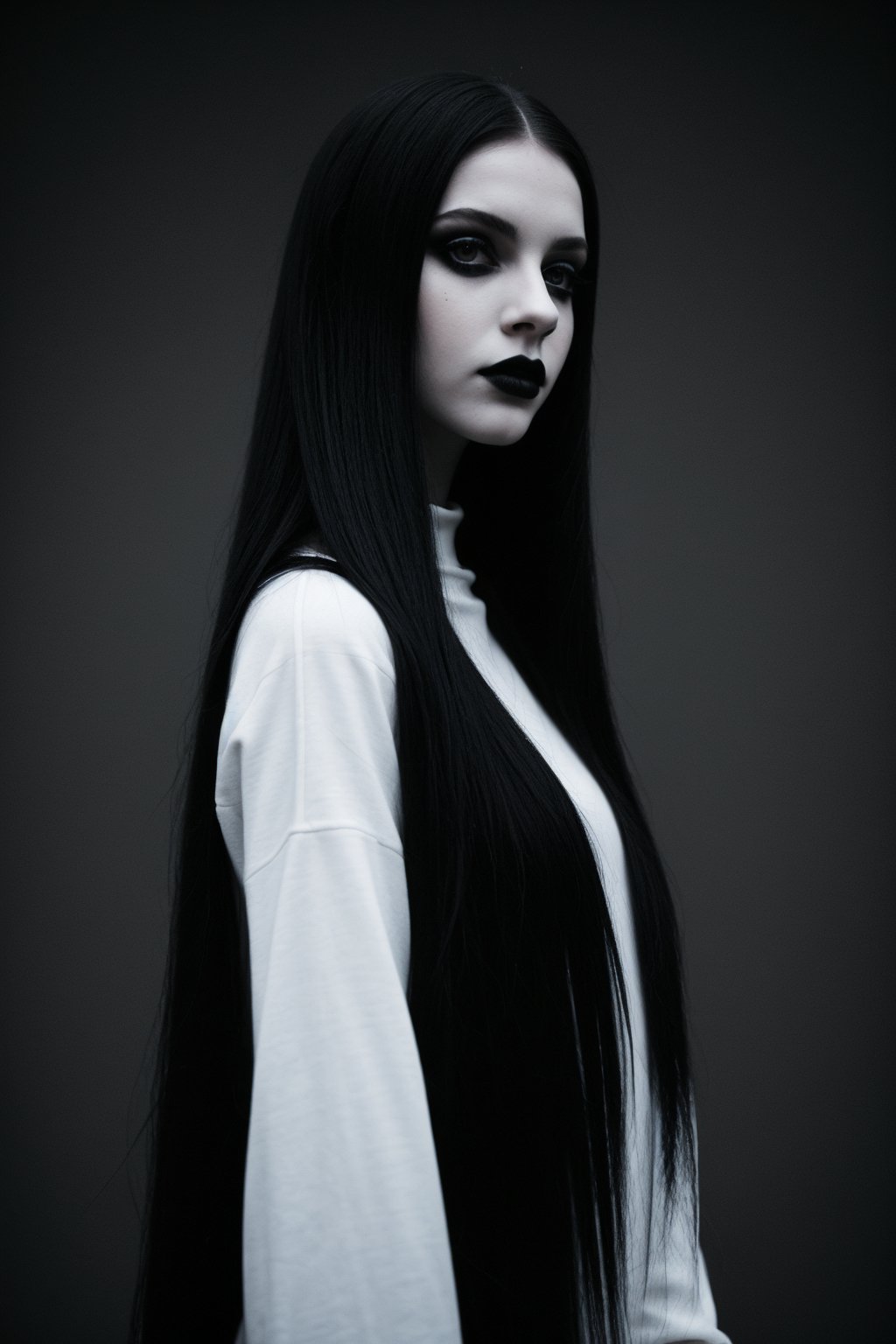 goth girl,  black lipstick,  ((white & black long straight hair)) by SKLTNC on Tensor.Art