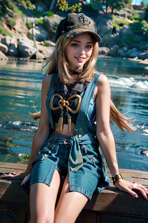 A young woman, 25 years old, with a shy demeanor, wearing a hat and sporting a striking double tail hairstyle. She sits confidently, her eyes gazing slightly downward, yet a subtle smile plays on her lips, hinting at a warm and inviting personality ((smile:1.3)). Her hair moves softly in the air, framing her features with gentle waves. The overall atmosphere is one of quiet contemplation, as if she's lost in thought despite her outward reserve.