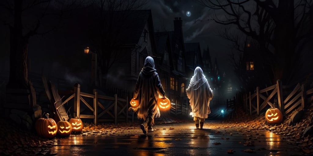 (((solo,:1.2,Alone:1.2))),1girl, ghost female, hide face, floating body,large breats, walking on cementery, light fog, night, halloween_2019, halloween pumpkins, starry_night, lights, night light