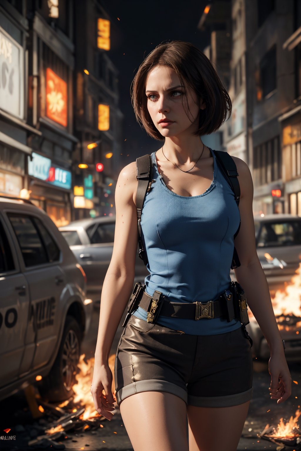 masterpiece, best quality,(extremely intricate), (realistic),Medium full shot, jill valentine, police_uniform, ((serious face)), outdoors, ((ruined city)), ((zombie hordes behind)), looking away, ,fantasy00d,jill valentine, atletic body, flames, holding a handgun, volume,1 girl