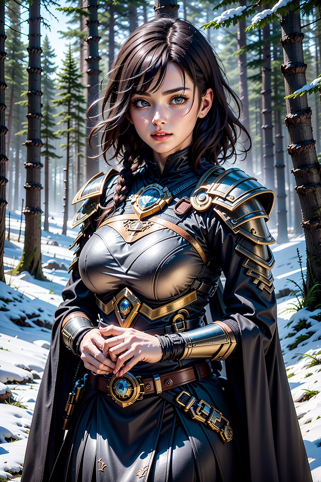 FULL BODY,   looking away, 30 years old woman walking in the forest, realism, detailed, girl, portrait, upper body,cloak,clothed, soft smile, fia_the_deatbed_companion, forest, dust, fog, starry sky, large_breast, short hair, intrincade detail armor, raytracing, hair movement,  flower, ((snow)),  ((snow particles:1.3)), ((soft smile))