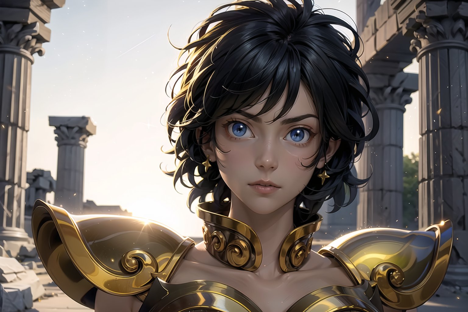  masterpiece,best quality,High definition, (realistic lighting, sharp focus), high resolution, ((volumetric light), ((Medium full shot:1.5)), a woman, greek ruins, lookin away, focus face, hair movement, intrinsecal detail armor, ,leoarmor,golden armor, outdoors, dust, hair movement, brunete hair, outdoors, starry sky, short hair