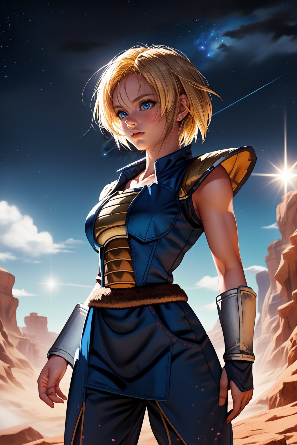 ,realistic, masterpiece,best quality,High definition, (sharp focus), high resolution, ((volumetric light)), outdoors, Cowboy shot, A 25 years old ((saiyan woman)), blonde hair, valley,  Saiyan armor, short hair,  blue eyes,  looking away, starry sky, detailer saiyan armor,  hair movement