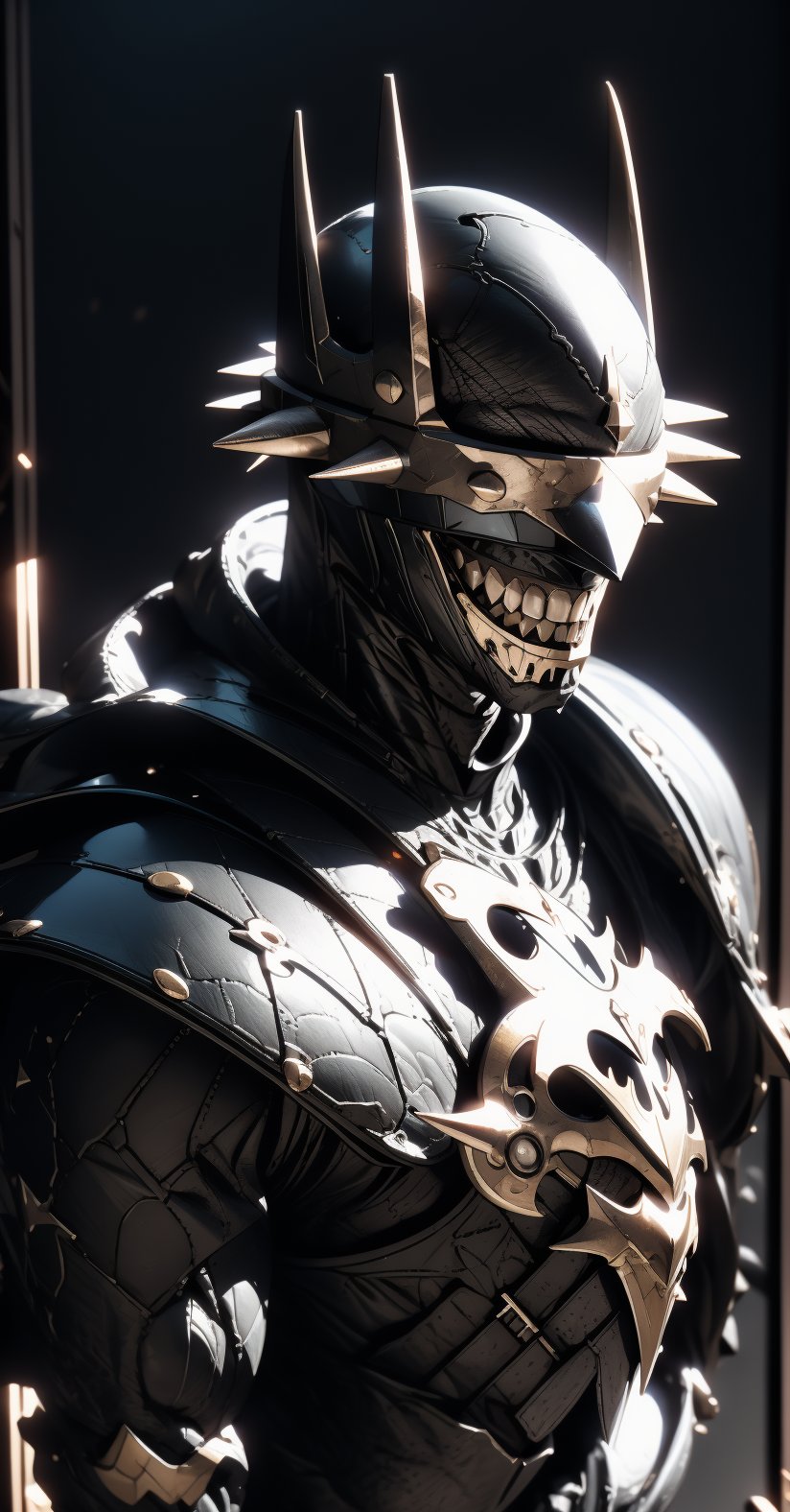 Batman who laughs, ((full-body_portrait)), ((dark room:1.4)), standing_up, upper_body knight armor, black armor, lower body knight armor,nijistyle