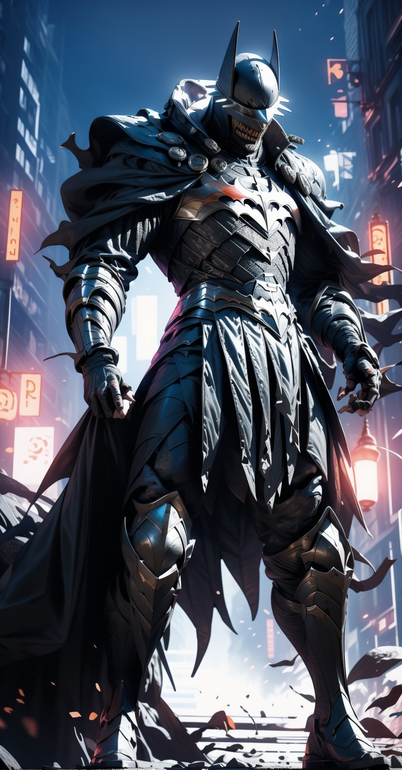 Batman who laughs, ((full-body_portrait)), Ruined City, dust, night, standing_up, upper_body knight armor, black armor, lower body knight armor,nijistyle