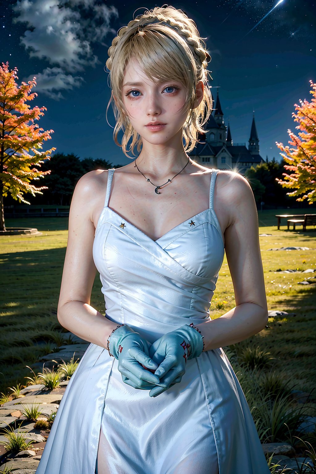 alone, solo, Cowboy shot, A 25 years old woman, short hair, blonde hair,FFLuna, long hair, soft smile,  outdoors, night, starry sky, park, green grass, three, female hands, bledding dress