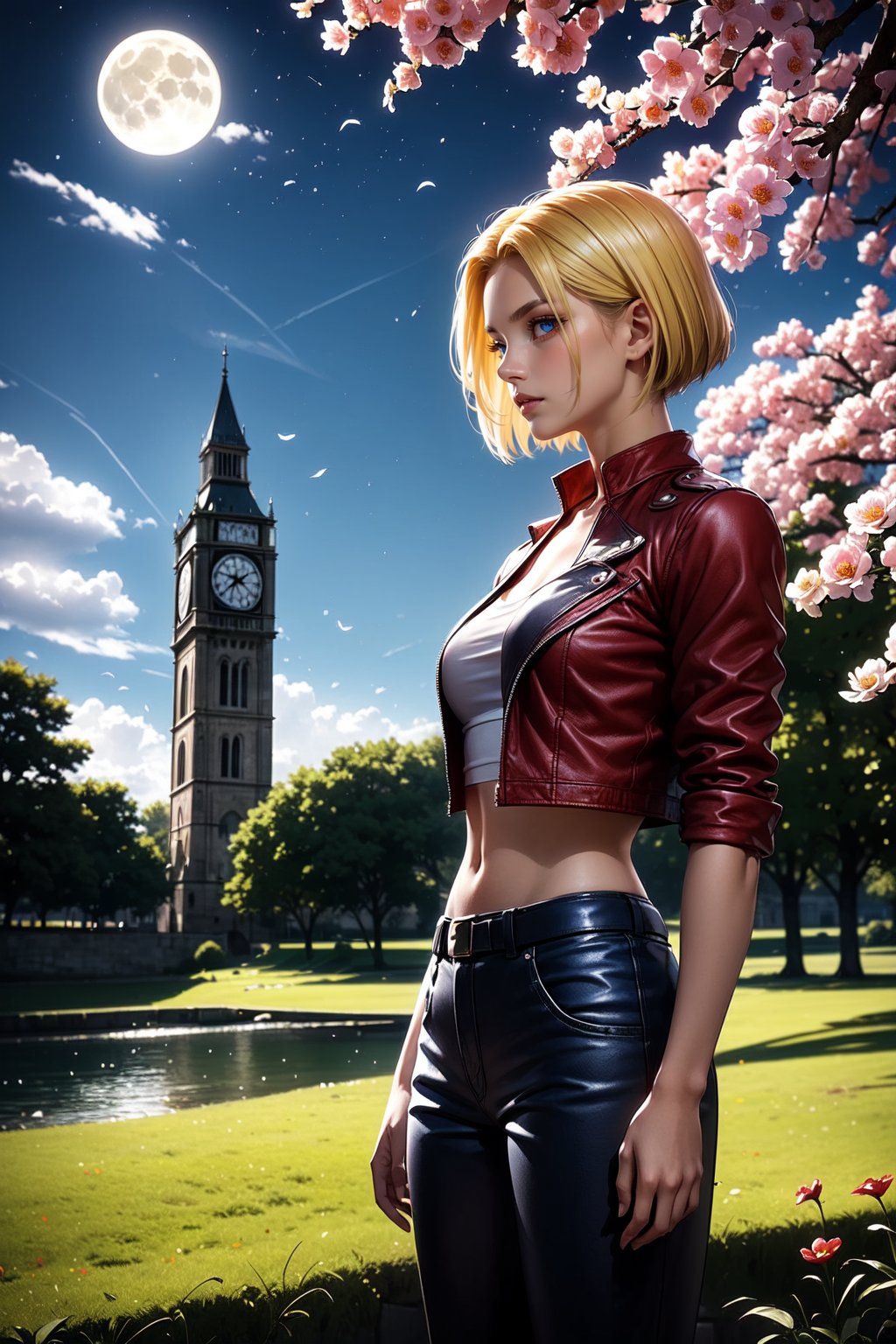 ((alone:1.5)). ((Solo:1.5)), ((MEDIUM FULL SHOT:1.5)),realistic, masterpiece,best quality,High definition, , high resolution, a 25 years old  woman.  Medium height, Short blonde hair, Blue eyes, Tanned complexion, Kof, Blue Mary, Red Tight leather jacket, short ankle-length combat pants, in the park, moon light, looking at viewer, tree, grass, bridge in the distance, clock tower, flowers, ((looking away:1.2)), focus face, hair movement, 