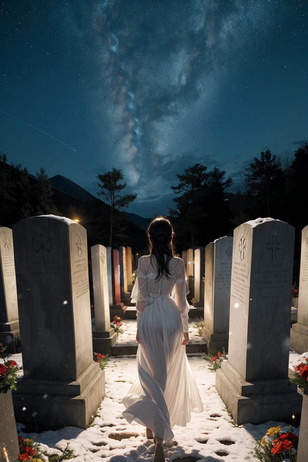 A mystical woman walking on cementery in the mid night,  looking away,  long white dress by Accosta on Tensor.Art