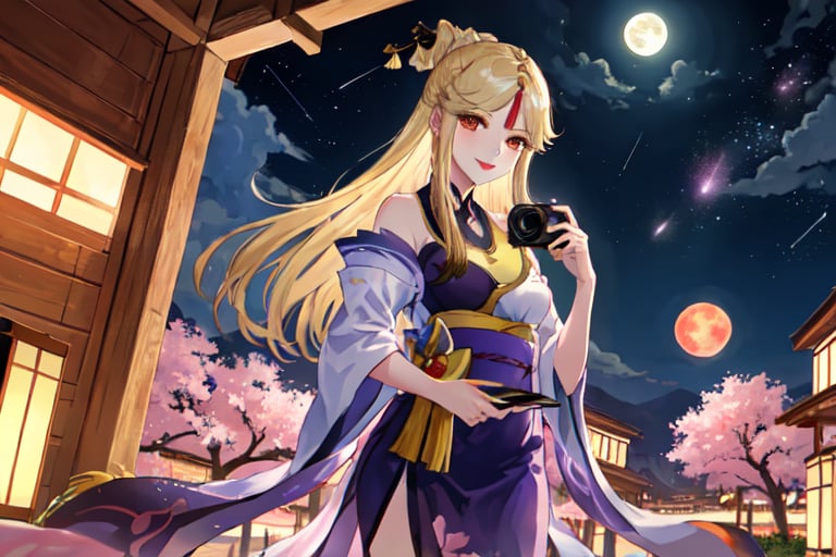 Ningguang, original_character, cherry blossom park in japan background in the night, elegant dress, blonde hair, Standing facing the camera, she faces the camera seductively, natural color lips, smile, HDR, little full moon rising on the horizon, night with meteor shower

