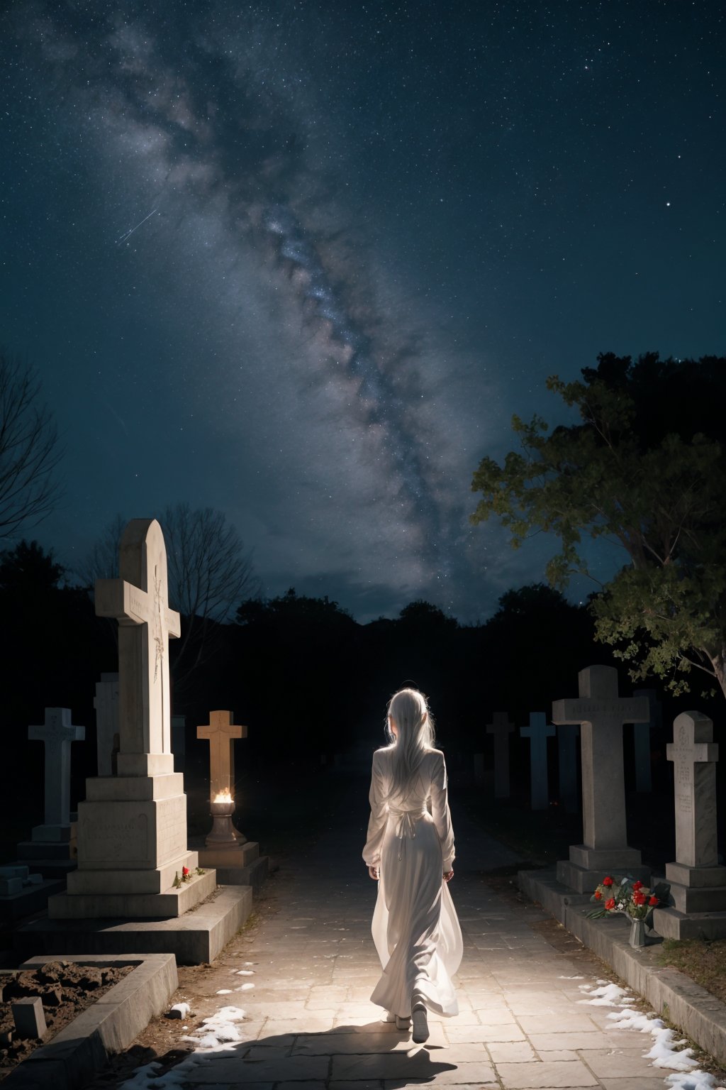 sad scene of A mystical woman walking on cementery in the mid night,  looking away,  long white dress by Accosta on Tensor...