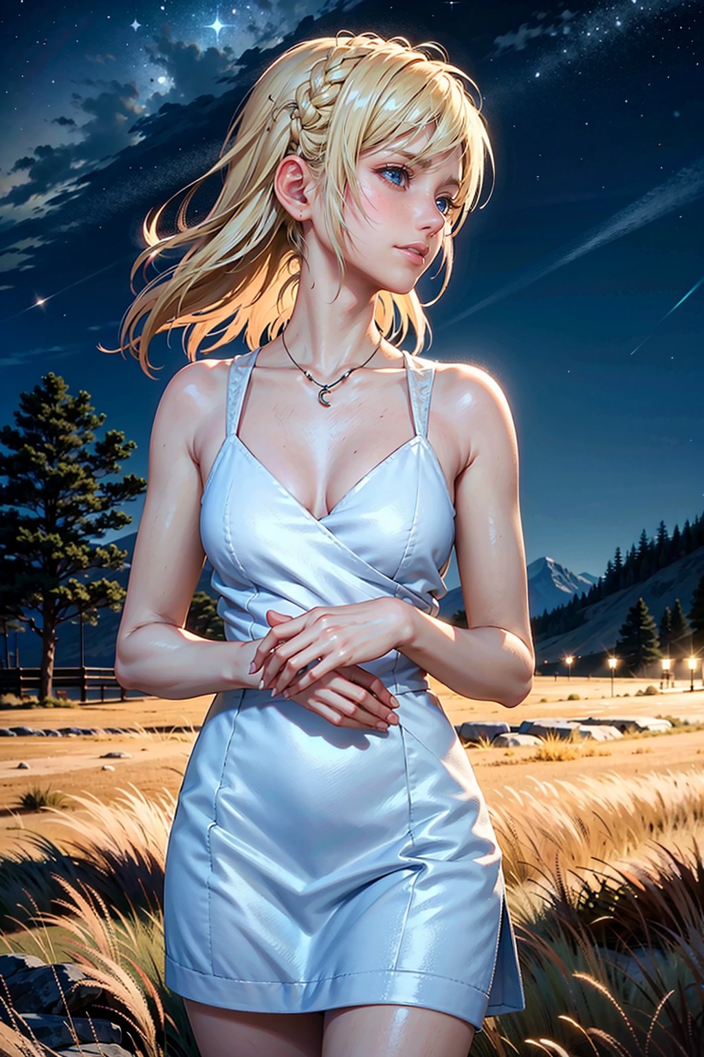 alone, solo, Cowboy shot, A 25 years old woman, short hair, blonde hair,FFLuna, long hair, soft smile, looking away, outdoors, night, starry sky, park, green grass, three, female hands, 