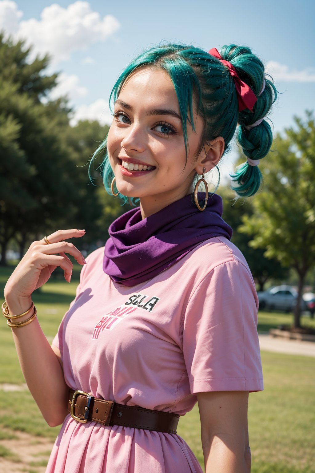  (((happy, big smile, solo, looking at viewer))),(masterpiece, best quality),bulma, 1girl, solo, blue eyes, blue hair, aqua hair, single braid, braided ponytail, hair ribbon, red ribbon, hair bow, earrings, short dress, pink dress, vertical-striped dress, short sleeves, belt, clothes writing, , purple scarf. park, outdoors,detailed hands, soft smile, looking away