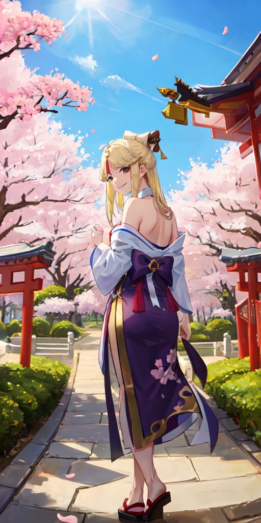 Ningguang, original_character, 
cherry blossom park in japan background, original dress, seen from behind with his hands crossed and turning to see the camera, smile, blonde hair, pose
