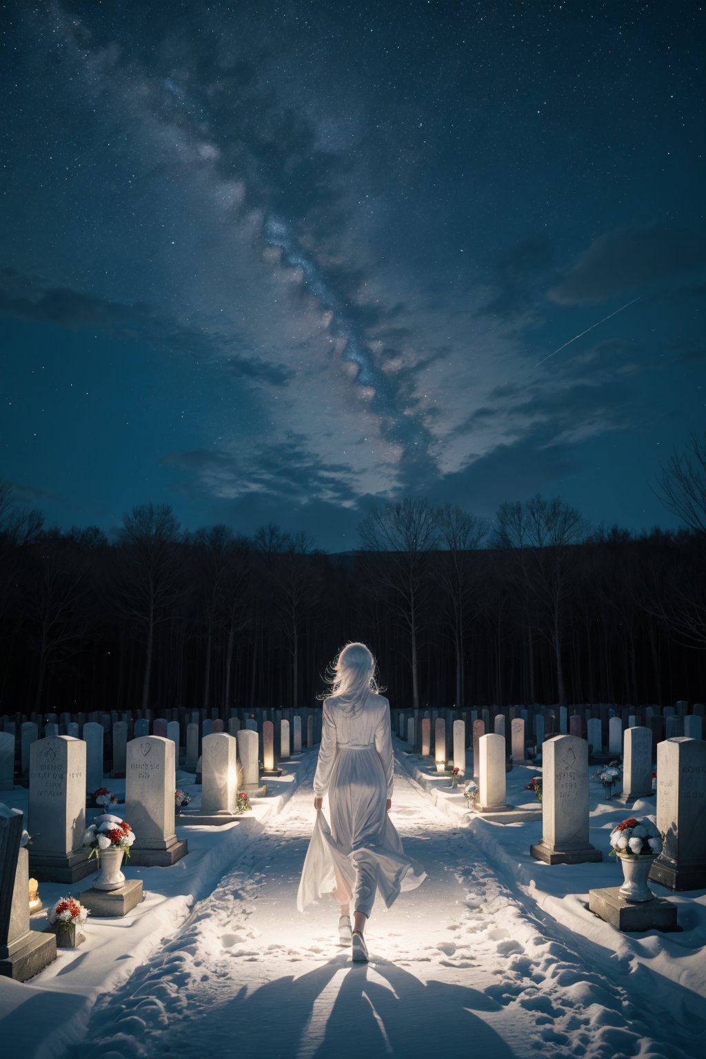 sad scene of A mystical woman walking on cementery in the mid night,  looking away,  long white dress by Accosta on Tensor...
