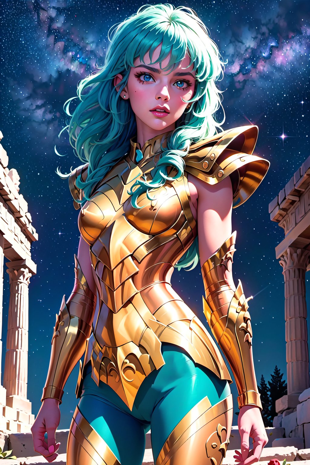 masterpiece,best quality,High definition, (realistic lighting, sharp focus), high resolution, ((volumetric light), ((Medium full shot1.5)),,a woman knight, Aqua hair, , Long hair, greek temple, roses, roses petails in the hair, looking at viewer, starry sky, Gold armor, soft smile, pink lips, juicy lips,((closed mouth:1.5)), fight pose, green pants, greek temple