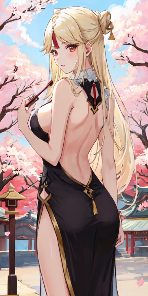 Ningguang, original_character, cherry blossom park in japan background, original dress, blonde hair, Standing with her back to the camera she faces the camera seductively