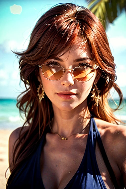 ,realistic, masterpiece,best quality,High definition, (realistic lighting, sharp focus), high resolution, ((volumetric light)),,Masterpiece, a woman in the beach, posing at viewer, large breats, in the beach, red hair, large hair, sitting on the sand, soft smile, sun glasses, hair movement