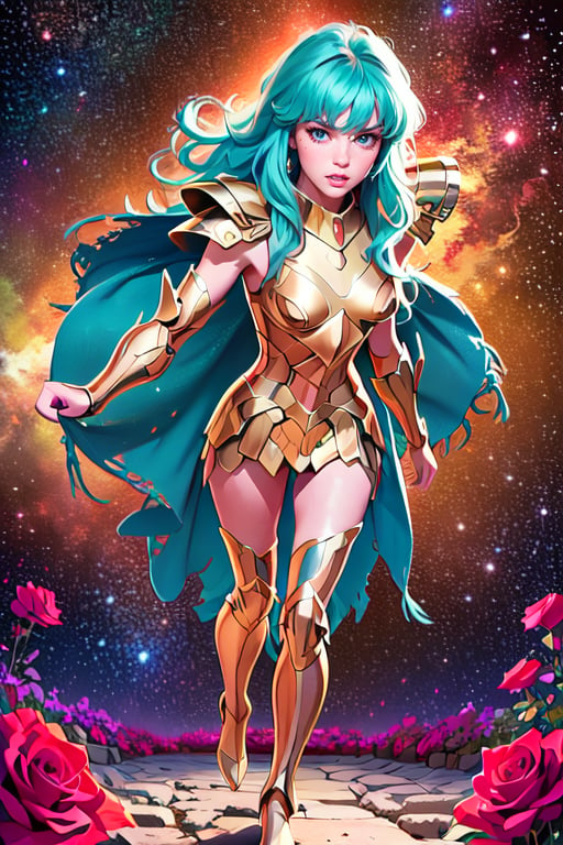 masterpiece,best quality,High definition, (realistic lighting, sharp focus), high resolution, ((volumetric light), ((Full body1.5)),,a woman knight, Aqua hair, , Long hair, greek temple, roses, roses petails in the hair, looking at viewer, starry sky, Gold armor, soft smile, pink lips, juicy lips,((closed mouth)), fight pose