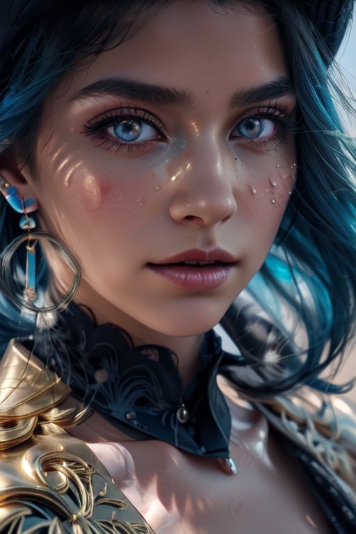 ((close-up:1.5)),  best quality,  masterpiece,  illustration,  super detailed,  High detail RAW photo,  professional photograph,  ultra-detailed,  CG,  unity,  8k wallpaper,  extremely detailed CG,  extremely detailed,  extremely detailed,  Amazing,  finely detail,  official art,  High quality texture,  highres,  masterpiece, most beautiful artwork in the world,  illustration,  zentangle,  (abstract background:1.2),  (many colors),  earrings volumetric light,  detailed hands,  a  25 years old woman,  detailed eyes, dynamic pose,delicate blue filigree,  intricate filigree, intricate armor,  detailed body parts, volumetric light,  hair movement, haft body, large breasts,clorinde , blue hair, blue hat, serious face,purple eyes 