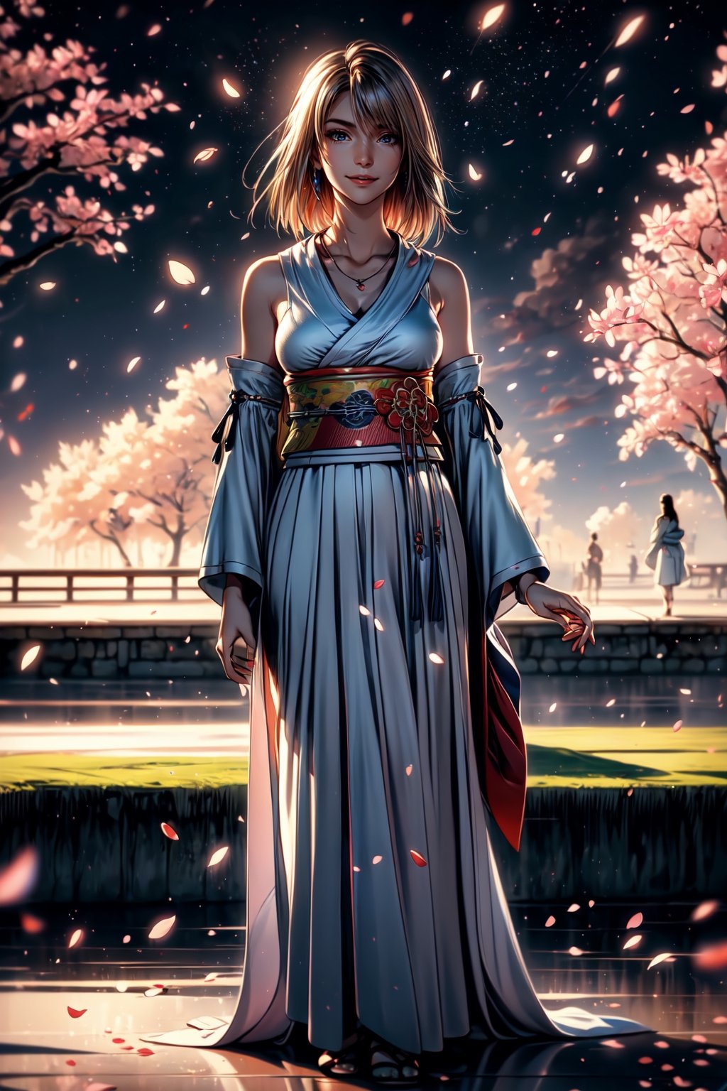 (Solo:1.4)), ((MEDIUM FULL SHOT:1.5)),realistic, masterpiece,best quality,High definition, (realistic lighting, sharp focus), high resolution, 
a 25  years old woman in the night in a park, ,YunaFFX,  jewelry, detached sleeves, necklace, blue-beaded earring, hakama skirt, smiling, outdoors, park, tree, cherry tree,  medium breats, volumetric light, cloudy day, ((NIGHT)), flowers, ,lake,, makeup, ((cherry petals in the hair:1.3)), clouds, grass. hair movement, hand on hips, wood bridge, looking away, wide hips, detailed hands, female hands,kimono,1 girl, starry sky