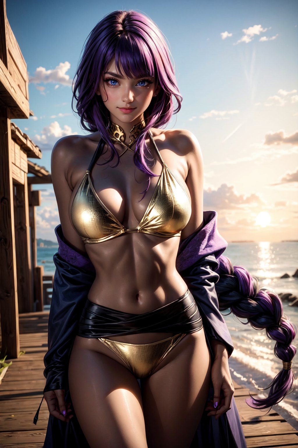 (alone:1.5)). ((Solo:1.5)), ((MEDIUM FULL SHOT:1.5)),realistic, masterpiece,best quality,High definition, (realistic lighting, sharp focus), volumetric light,high resolution, A 25 years old woman in the beach at the sunset, ((gold bikini)), hourglass body, (( shy smile:1.3)), taned skin,  ((purple hair:1.3)), long braided hair, hair movement,raidenshogundef, sexy pose, huge breats