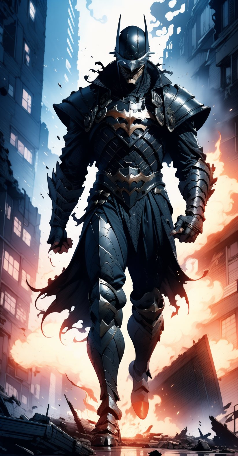 Batman who laughs, ((full-body_portrait)), Ruined City, dust, night, standing_up, upper_body knight armor, black armor, lower body knight armor,nijistyle, flames, explosion, chaos,