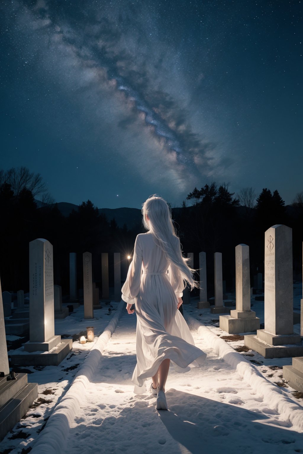 A mystical woman walking on cementery in the mid night,  looking away,  long white dress by Accosta on Tensor.Art