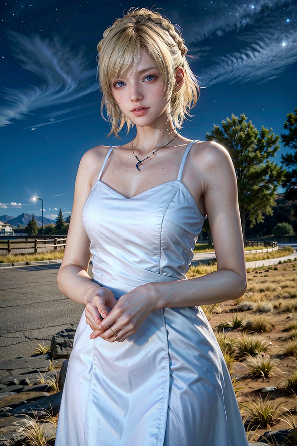 alone, solo, Cowboy shot, A 25 years old woman, short hair, blonde hair,FFLuna, long hair, soft smile,  outdoors, night, starry sky, park, green grass, three, female hands, bledding dress