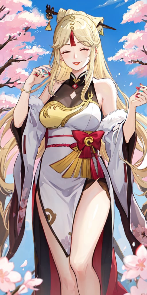 Ningguang, original_character, cherry blossom park in japan background, elegant dress, blonde hair, Standing facing the camera, she faces the camera seductively, red lips, smile, close eyes