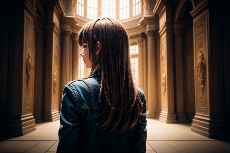 Mistery theme, is a cowboy shot of a  portait of a woman lost in  a labyrinth, ((looking away:1.3)), volumetric light
