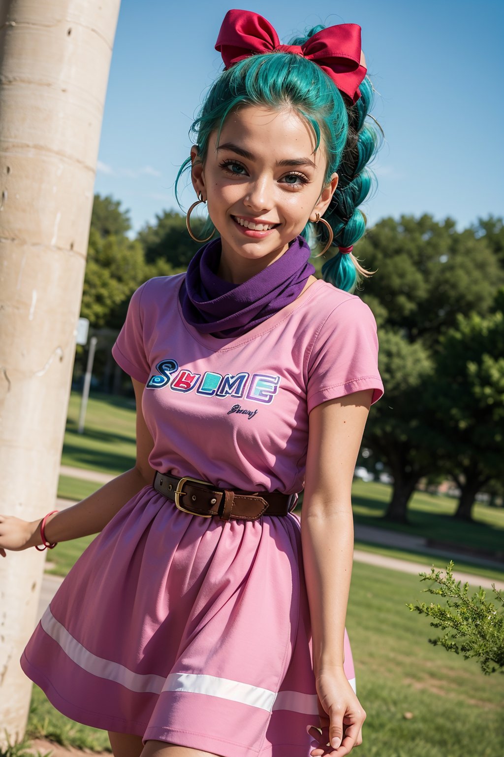  (((happy, big smile, solo, looking at viewer))),(masterpiece, best quality),bulma, 1girl, solo, blue eyes, blue hair, aqua hair, single braid, braided ponytail, hair ribbon, red ribbon, hair bow, earrings, short dress, pink dress, vertical-striped dress, short sleeves, belt, clothes writing, , purple scarf. park, outdoors,detailed hands, soft wmile, looking away