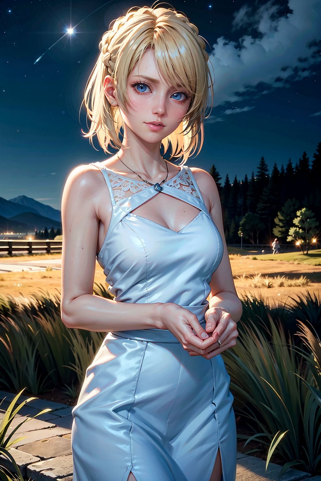 alone, solo, Cowboy shot, A 25 years old woman, short hair, blonde hair,FFLuna, long hair, soft smile,  outdoors, night, starry sky, park, green grass, three, female hands, 