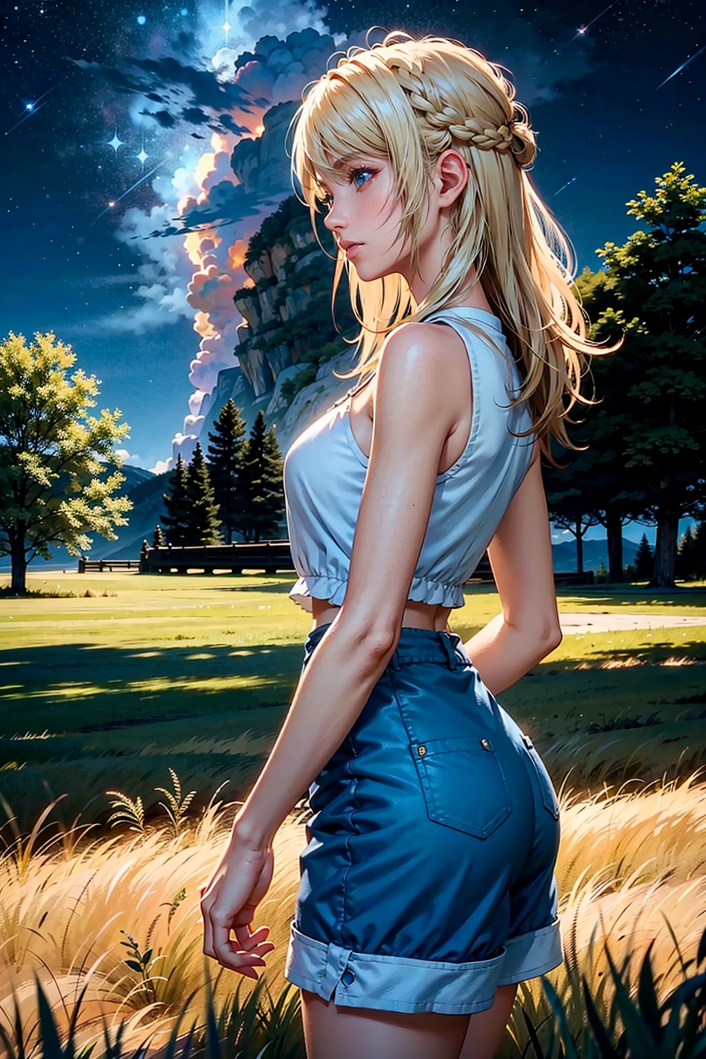 alone, solo, Cowboy shot, A 25 years old woman, short hair, blonde hair,FFLuna, long hair, soft smile, looking away, outdoors, night, starry sky, park, green grass, three, female hands, 