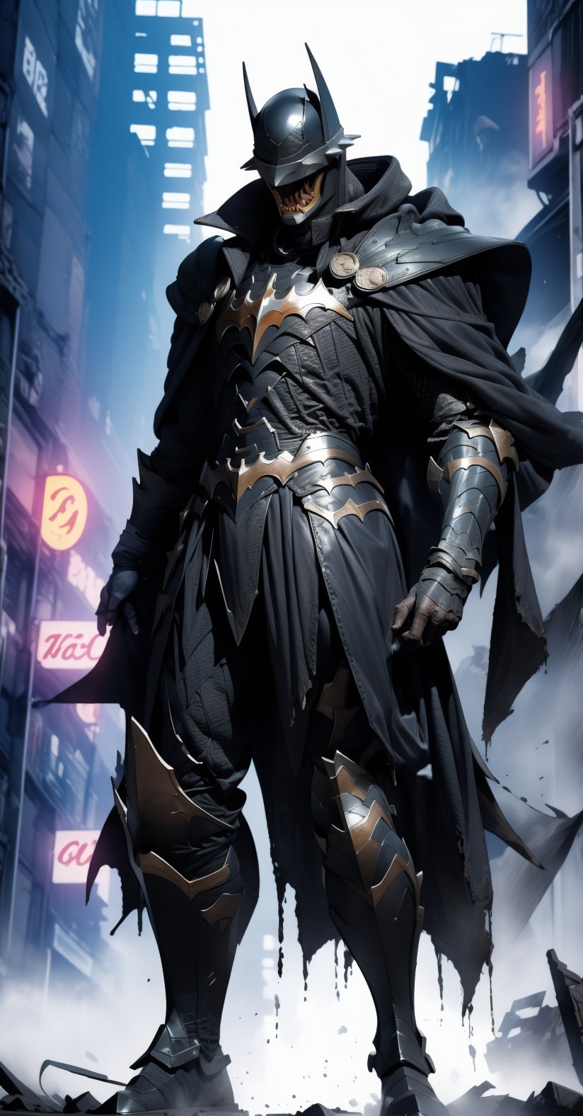 Batman who laughs, ((full-body_portrait)), Ruined City, dust, night, standing_up, upper_body knight armor, black armor, lower body knight armor,nijistyle