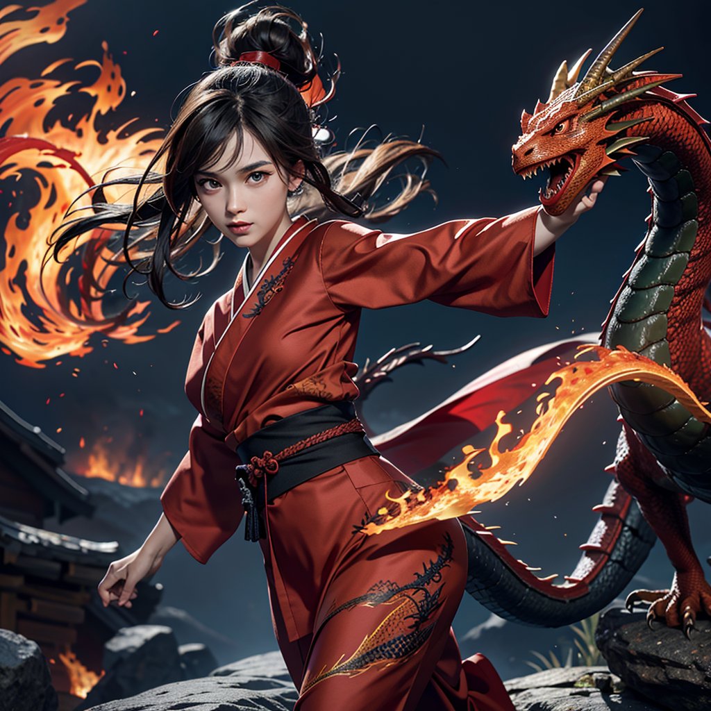 masterpiece, ultra hd, 8k, hdr, dynamic, warm color, hyper realistic, 1 girl, 1 dragon, fire breathing, dynamic pose, walking, perfect face,Detailedface, cute face, , clivage,perfect body, traditional japanese kimono, ((red, black, dragon pattern, cloth)) ,katana, weapon holding, katana holding, 1 dragon, mountain background,3DMM